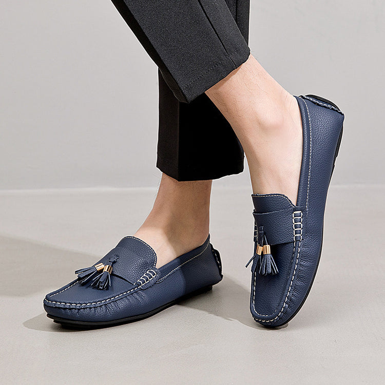 Men's Ge Leather Slip-On Loafer snuine with Tassels Breathable Flat Sole Driving Casual Shoes